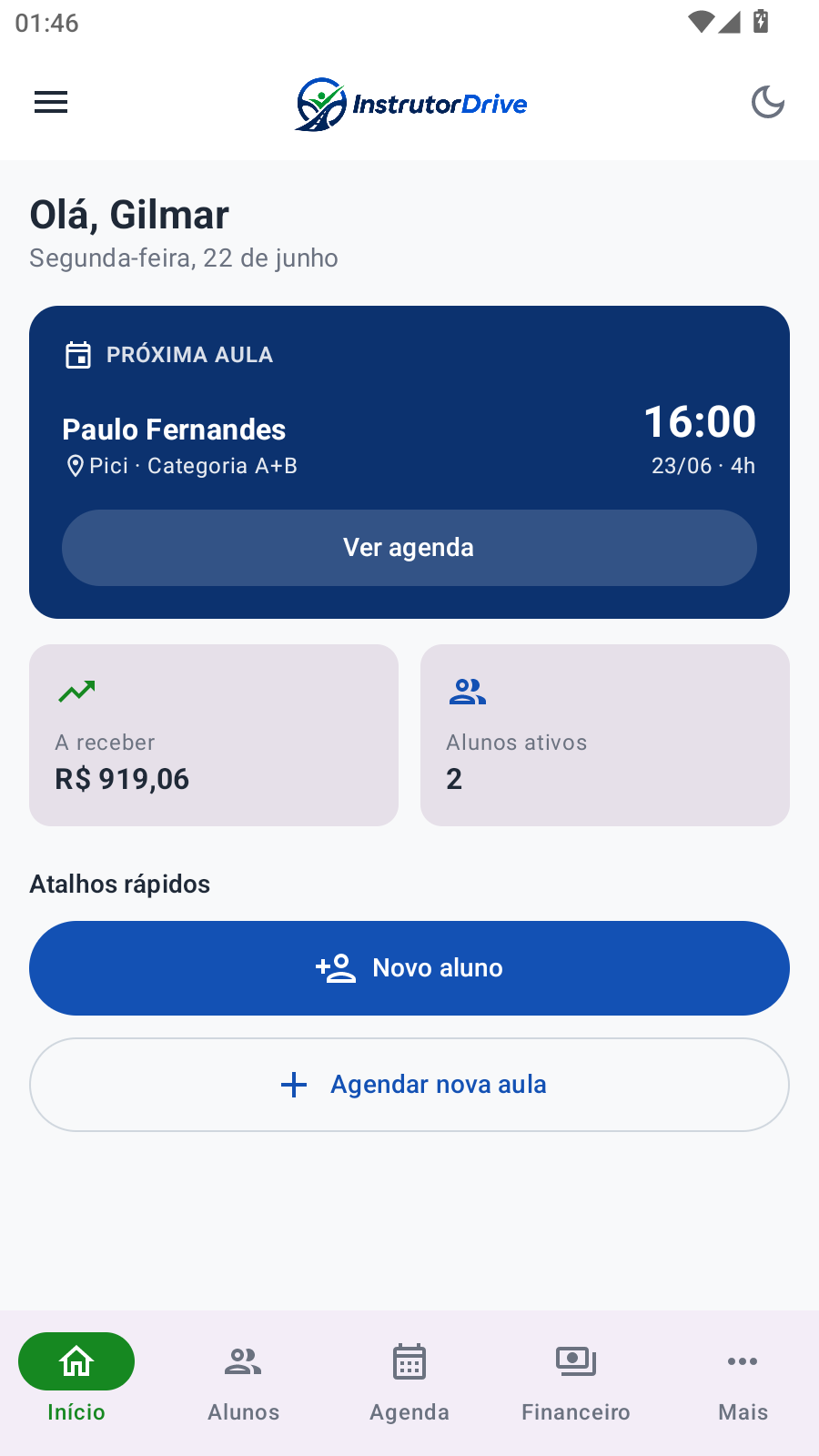 InstrutorDrive home screen showing the next lesson and a financial summary